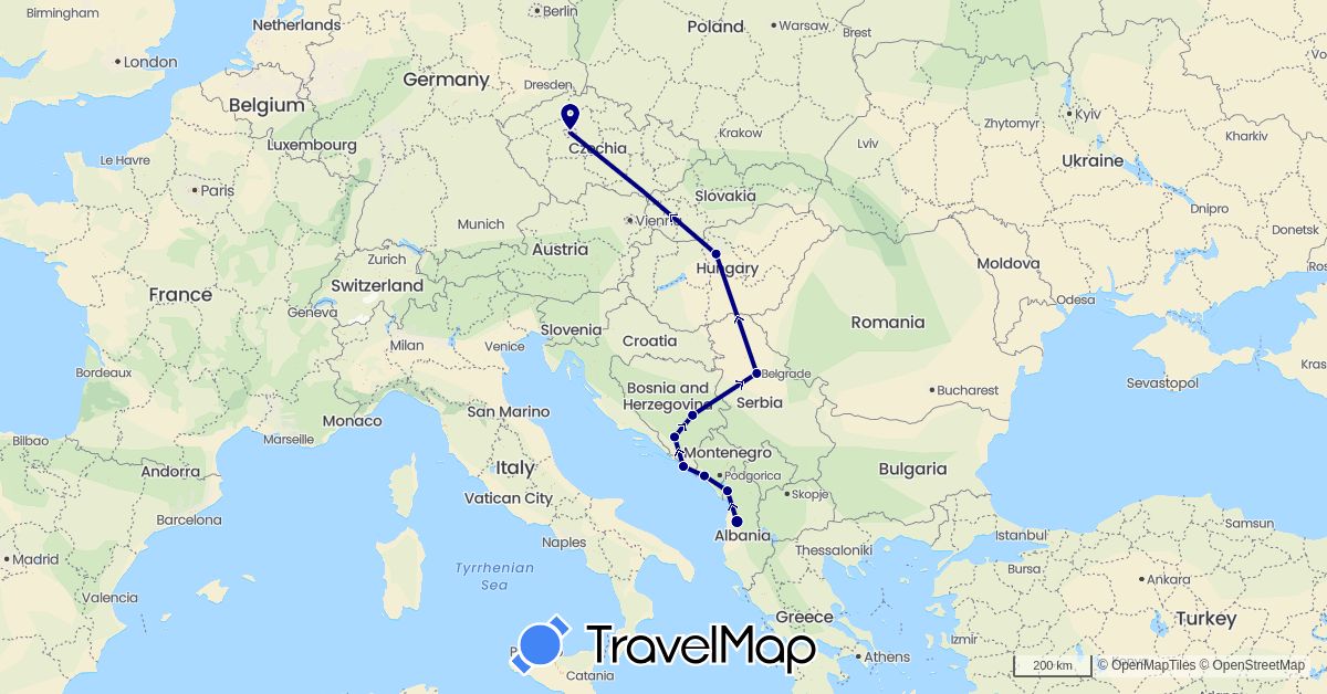 TravelMap itinerary: driving in Albania, Bosnia and Herzegovina, Czech Republic, Croatia, Hungary, Montenegro, Serbia (Europe)