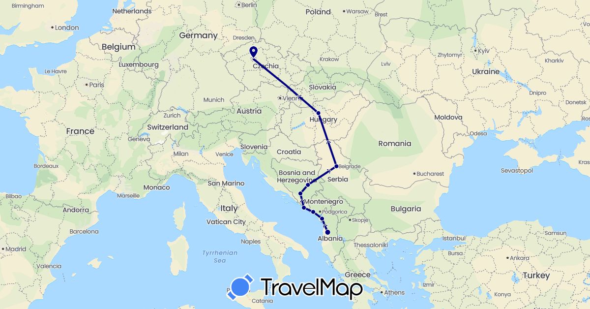 TravelMap itinerary: driving in Albania, Bosnia and Herzegovina, Czech Republic, Croatia, Hungary, Montenegro, Serbia (Europe)